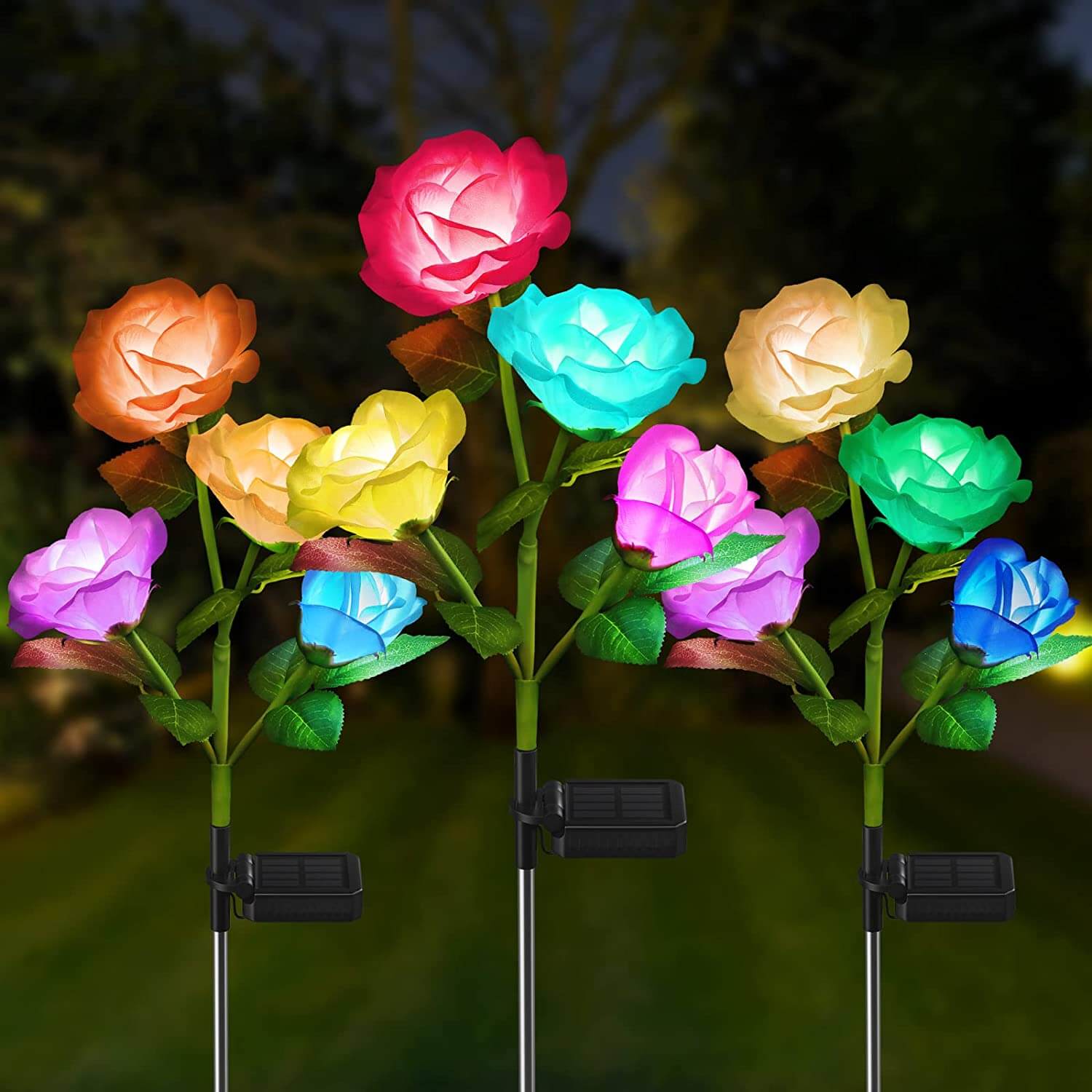 Rose Flower Solar Powered Garden Lawn Stake Multi-color Change LED Light Lamp 