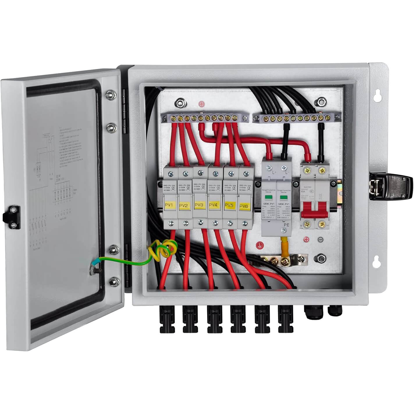 PowGrow PV combiner box With 15A Rated Current Fuse, Surge Protective Device, and 63A Air Circuit Breaker
