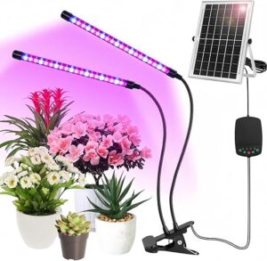 Teilybao Solar-Powered Grow Lamp with 2-Head Clip Light