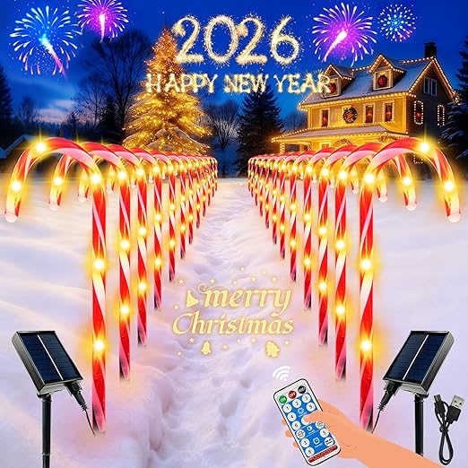 BOSSERN 24 Pack Solar Candy Cane Lights with Remote